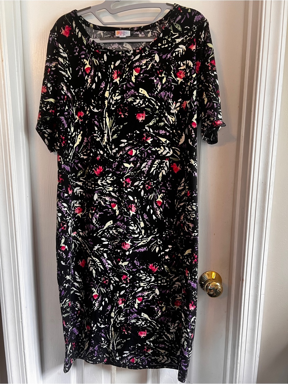 LuLaRoe Black Floral Midi Julia Dress with Pink and Purple Accents